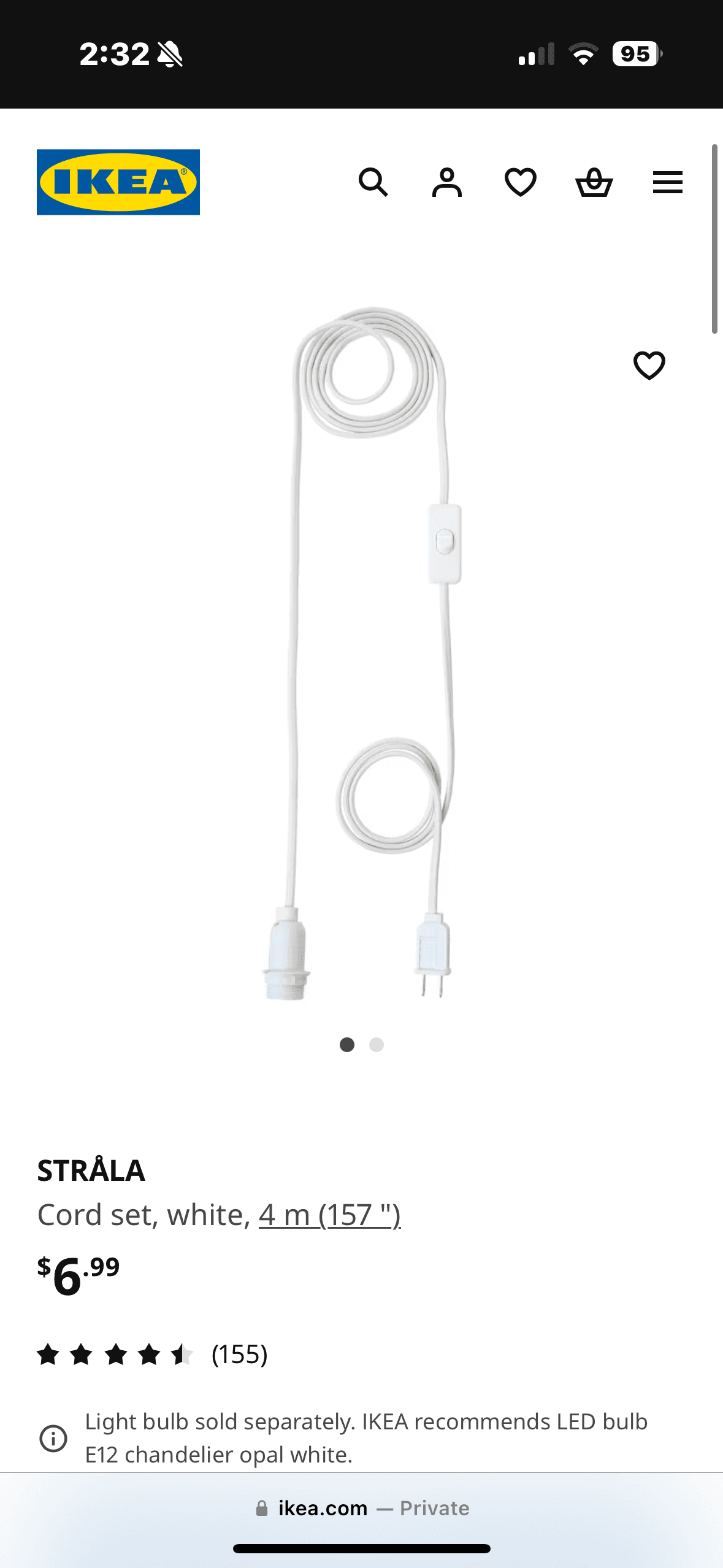IKEA STRÅLA cord set used for the lamp